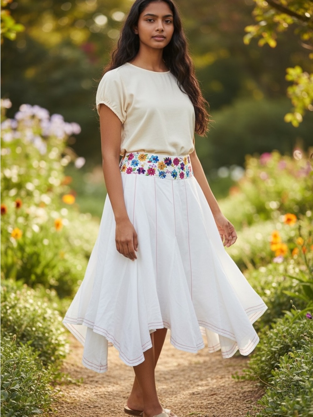 SAINT TROPEZ WEST embroidered White Flared Skirt Multicolor Floral Waistband szS